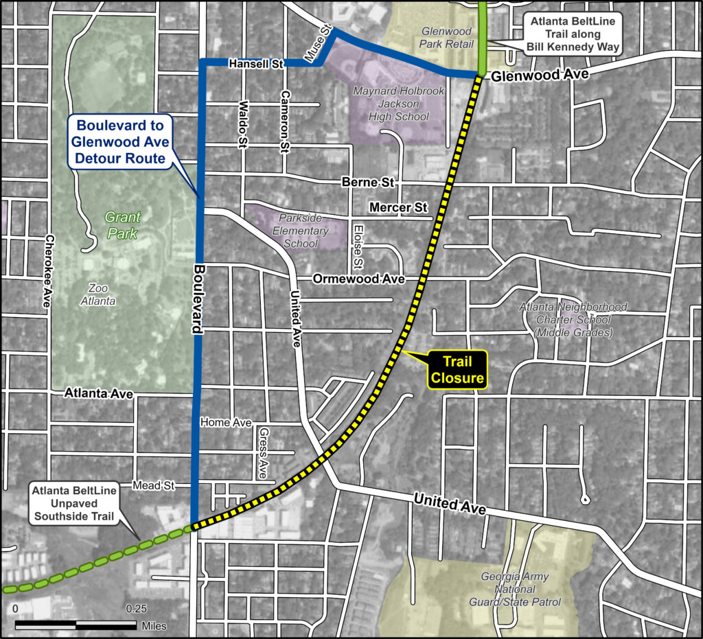 Atlanta BeltLine Southside Trail detour between Glenwood Avenue and Boulevard.