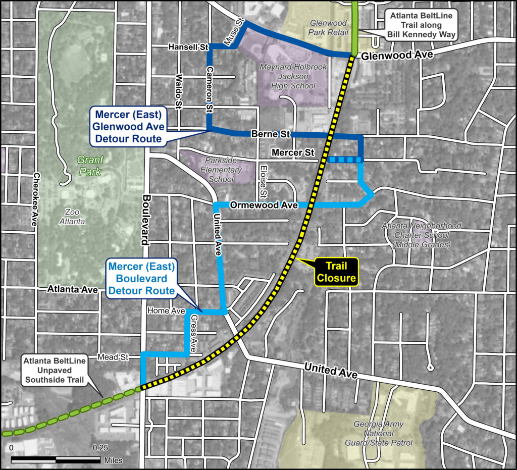 Atlanta BeltLine Southside Trail detour from the east side of the Mercer Street access point.