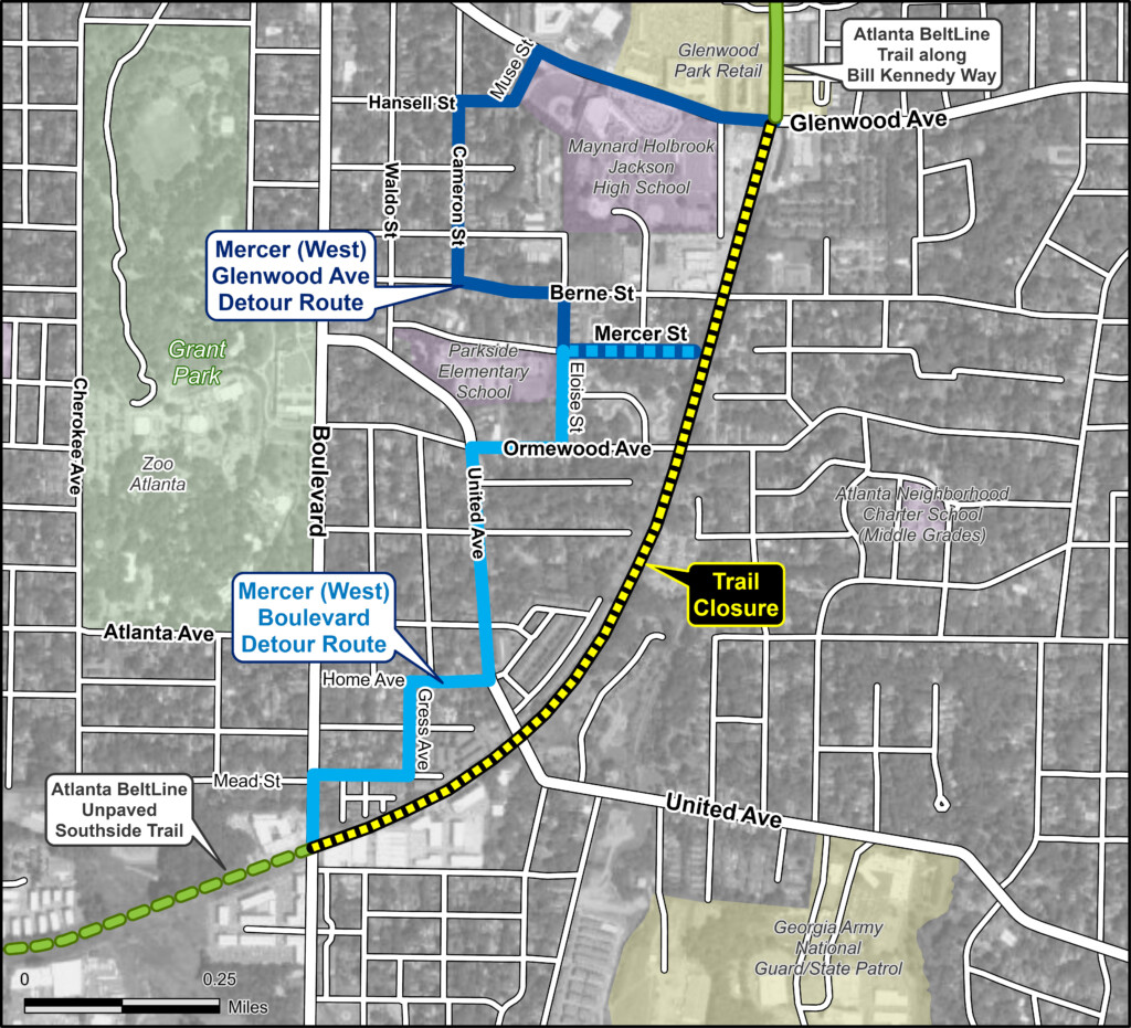 Atlanta BeltLine Southside Trail detour from the west side of the Mercer Street access point.