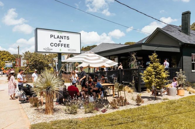 Photo of a very busy coffee shop with an umbrella and lots of plants