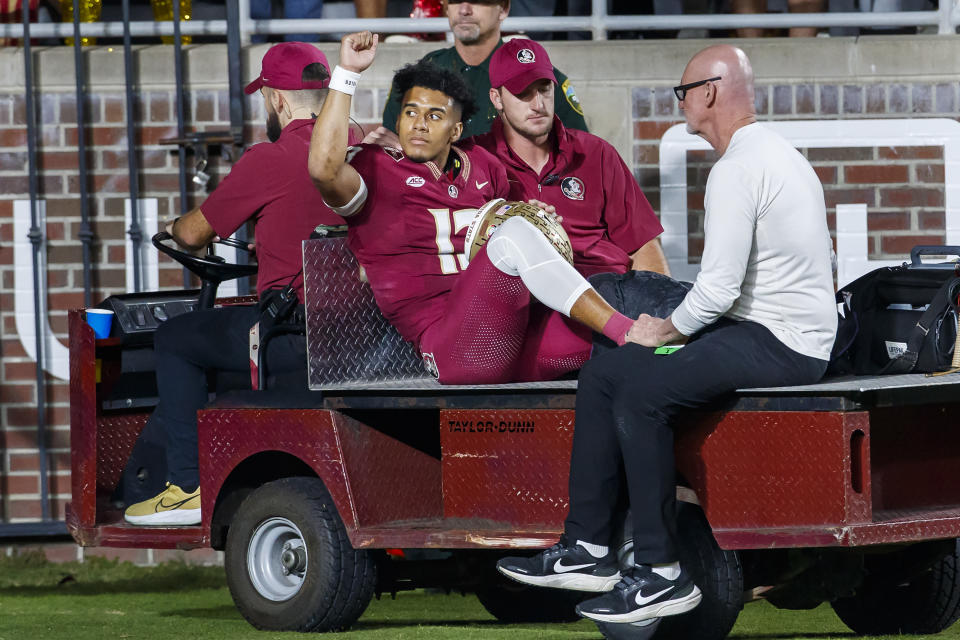 Jordan Travis' injury could play a factor in Florida State's College Football Playoff hopes with two games remaining. (AP Photo/Colin Hackley)