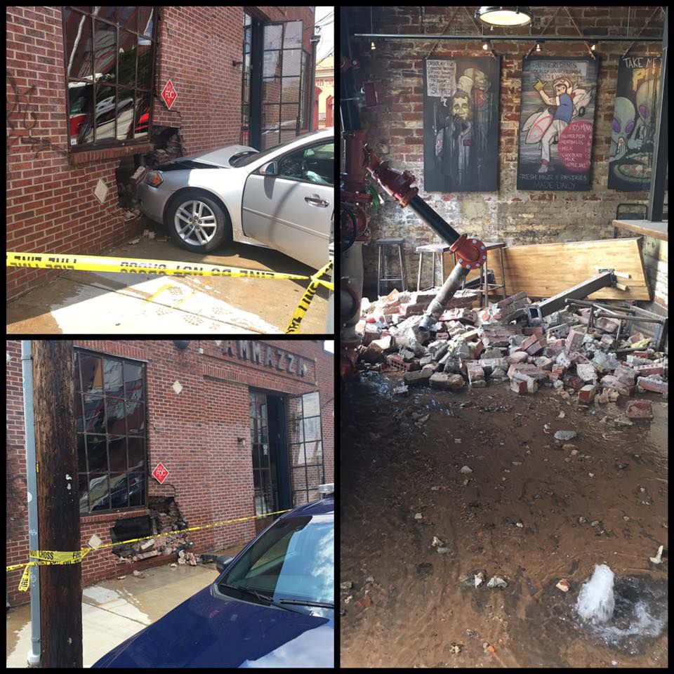 Images of damage at Ammazza caused by a car crash.