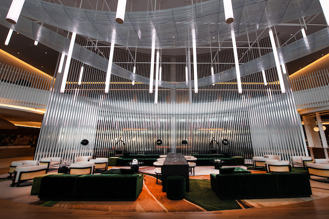 lobby of a hotel with huge, beautiful lights