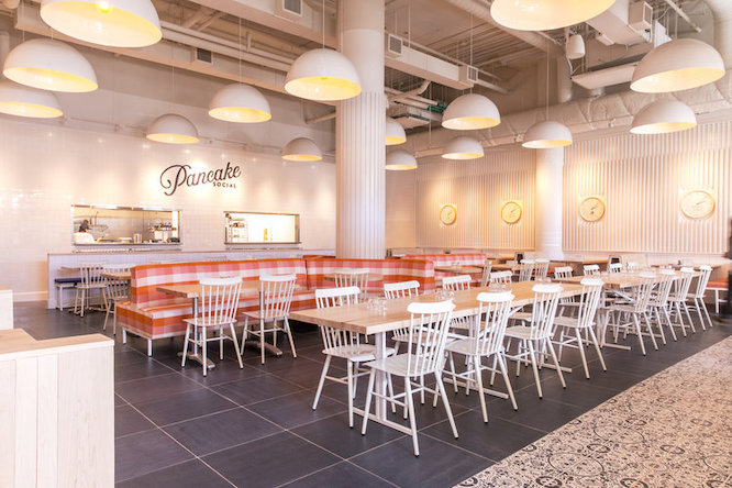 pancake restaurant interior with tables and chairs