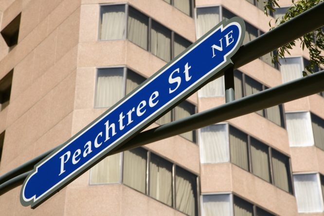 up close photo of a blue peach tree street sign