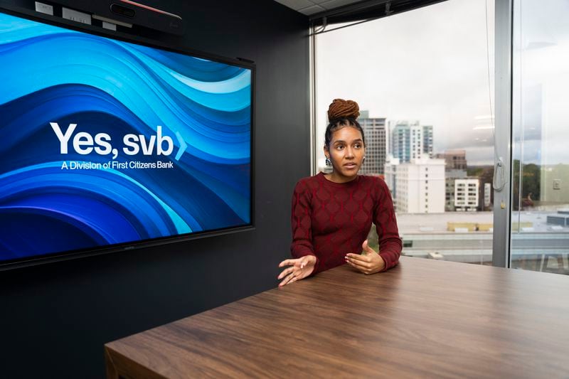 Jaisa Gooden, Vice President of Startup Banking for Silicon Valley Bank, shares the details of her career journey at the Atlanta office on Wednesday, March 6, 2024. One year after the bank's failure, its presence in Atlanta has rebounded. (Olivia Bowdoin for the AJC). 